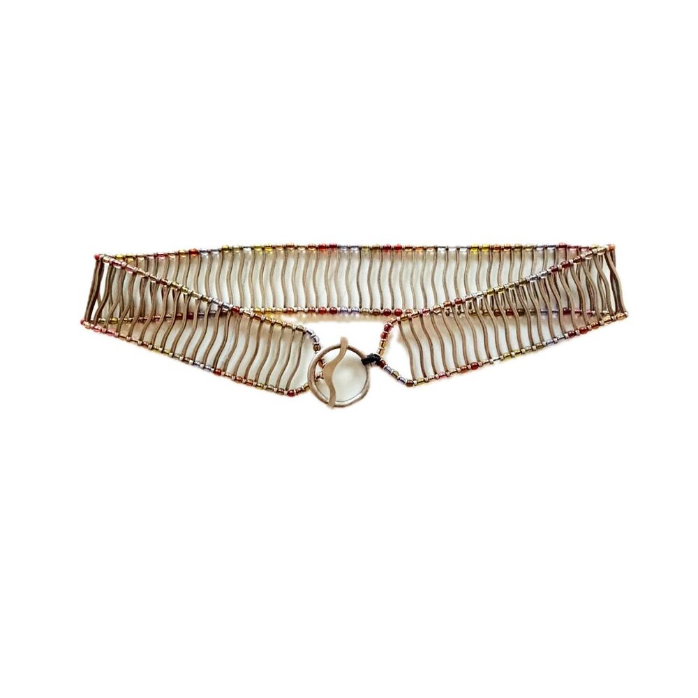 Burnished Silver Metal & Colorful Beaded Stretch Belt Womens M Unique 34"  Belt